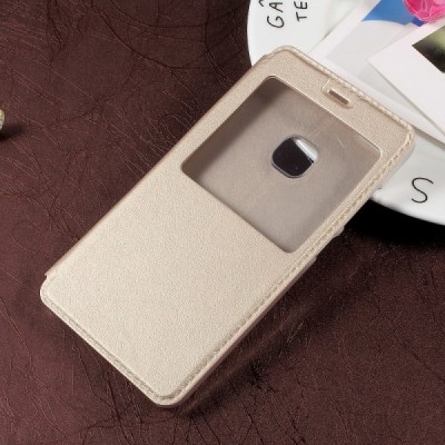 Huawei P10 Lite auksinis odinis atverčiamas dėklas su langeliu / Priedai.lt