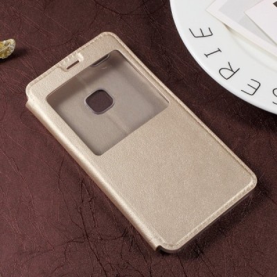 Huawei P10 Lite auksinis odinis atverčiamas dėklas su langeliu / Priedai.lt