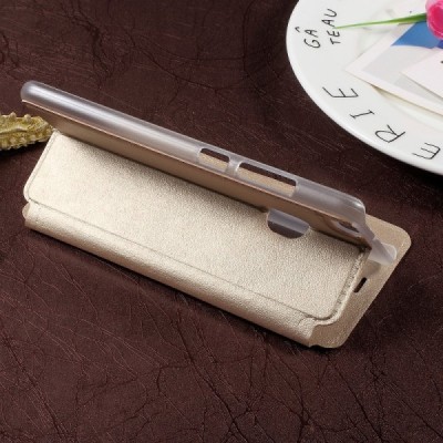 Huawei P10 Lite auksinis odinis atverčiamas dėklas su langeliu / Priedai.lt