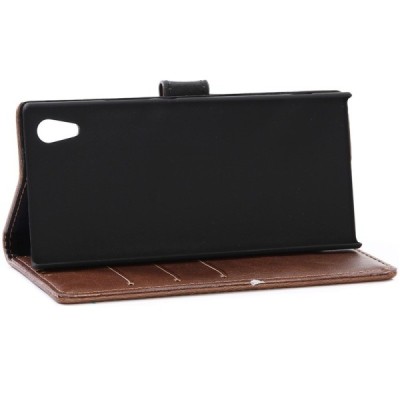 Sony Xperia XA1 atvēramais ādas tumši brūns retro maciņš (maks) / Vacins.lv