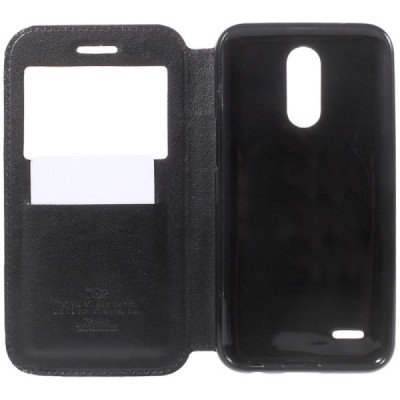 „Roar“ LG K10 2017 (X400, M250N) juodas atverčiamas dėklas su langeliu / Priedai.lt