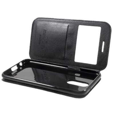 „Roar“ LG K10 2017 (X400, M250N) juodas atverčiamas dėklas su langeliu / Priedai.lt