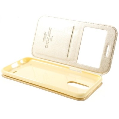 „Roar“ LG K10 2017 (X400, M250N) auksinis atverčiamas dėklas su langeliu / Priedai.lt