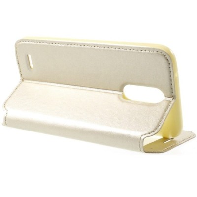 „Roar“ LG K10 2017 (X400, M250N) auksinis atverčiamas dėklas su langeliu / Priedai.lt