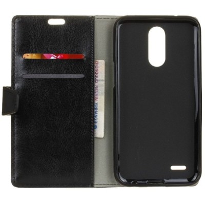 LG K10 2017 (X400, M250N) atvēramais ādas melns maciņš (maks) / Vacins.lv