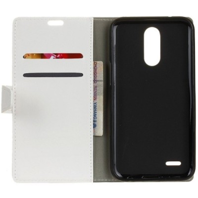 LG K10 2017 (X400, M250N) atverčiamas baltas odinis dėklas - piniginė / Priedai.lt