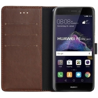 Huawei P9 lite 2017 (Huawei P8 Lite 2017) atverčiamas tamsiai rudas odinis retro dėklas - piniginė / Priedai.lt