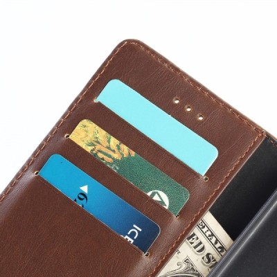 Huawei P9 lite 2017 (Huawei P8 Lite 2017) atverčiamas tamsiai rudas odinis retro dėklas - piniginė / Priedai.lt