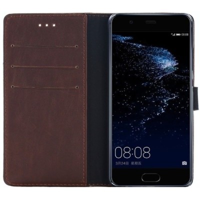 Huawei P10 atverčiamas rudas odinis retro dėklas - piniginė / Priedai.lt