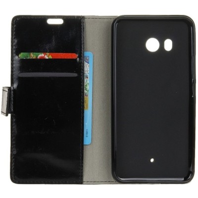 HTC U11 (U11 Dual) atverčiamas juodas odinis dėklas - piniginė / Priedai.lt