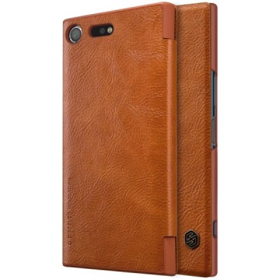 Prabangus „Nillkin“ Qin serijos rudas odinis atverčiamas Sony Xperia XZ Premium (Xperia XZ Premium Dual) dėklas - knygutė / Prie