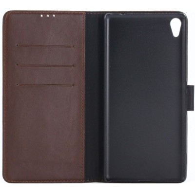 Sony Xperia XA Ultra (F3212, F3216) atverčiamas tamsiai rudas odinis retro dėklas - piniginė / Priedai.lt