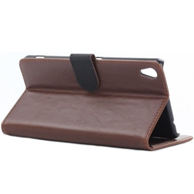 Sony Xperia XA Ultra (F3212, F3216) atverčiamas tamsiai rudas odinis retro dėklas - piniginė / Priedai.lt