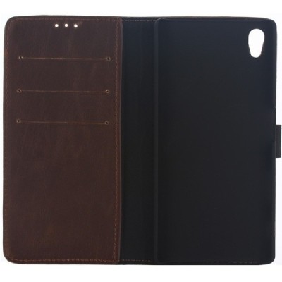 Sony Xperia L1 (G3311, G3312, G3313) atvēramais ādas tumši brūns retro maciņš (maks) / Vacins.lv