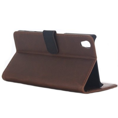 Sony Xperia L1 (G3311, G3312, G3313) atvēramais ādas tumši brūns retro maciņš (maks) / Vacins.lv