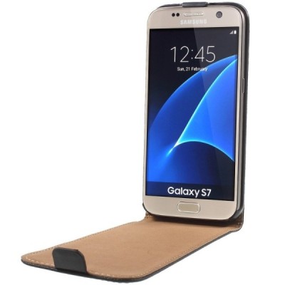 Samsung Galaxy S7 (G930) klasisks ādas vertikāli atvēramais melns maciņš / Vacins.lv