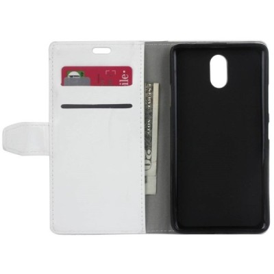 Samsung Galaxy J3 2017 (J330) atverčiamas baltas odinis dėklas - piniginė / Priedai.lt