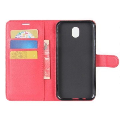 Samsung Galaxy J3 2017 (J330) „Litchi“ atvēramais ādas sarkans maciņš (maks) / Vacins.lv