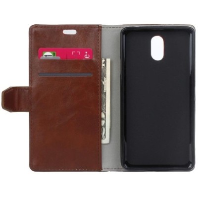 Samsung Galaxy J3 2017 (J330) atverčiamas rudas odinis dėklas - piniginė / Priedai.lt