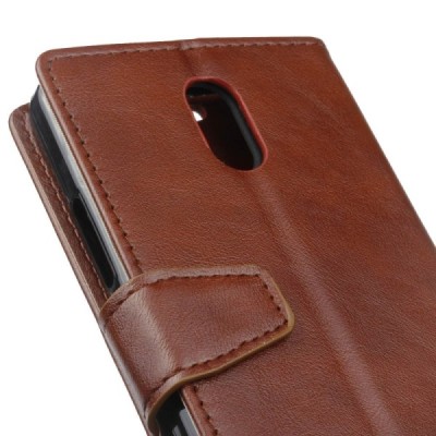 Samsung Galaxy J3 2017 (J330) atverčiamas rudas odinis dėklas - piniginė / Priedai.lt