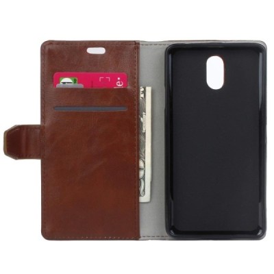 Samsung Galaxy J7 2017 (J730) atverčiamas rudas odinis dėklas - piniginė / Priedai.lt