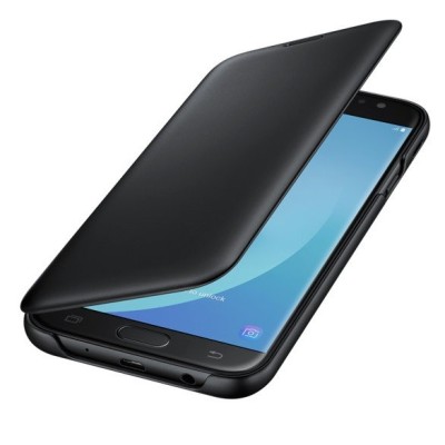 Samsung Galaxy J7 2017 (J730) oficiāls Wallet Cover atvērams melns ādas maciņš (maks) / Vacins.lv