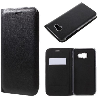 Samsung Galaxy A7 2017 (A720) juodas odinis atverčiamas Flip Wallet dėklas - piniginė / Priedai.lt