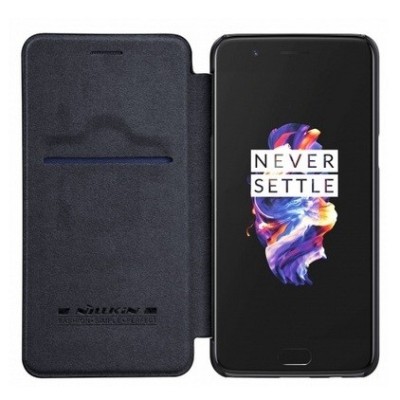 Prabangus „Nillkin“ Qin serijos juodas odinis atverčiamas OnePlus 5 (OnePlus Five) dėklas / Priedai.lt