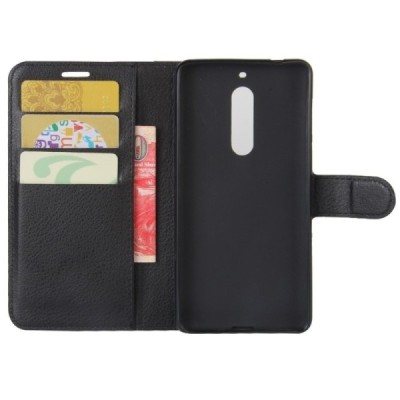 Nokia 5 atverčiamas juodas odinis dėklas, knygutė - piniginė / Priedai.lt