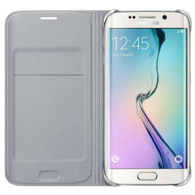 Samsung Galaxy S6 Edge oficiāls Flip Wallet Cover atvērams sudrabs ādas maciņš / Vacins.lv