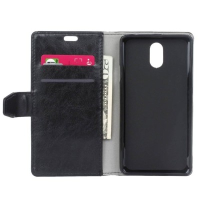 Nokia 3 atverčiamas juodas odinis dėklas, knygutė - piniginė / Priedai.lt