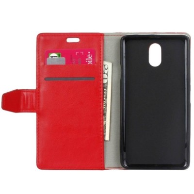 Nokia 3 atverčiamas raudonas odinis dėklas, knygutė - piniginė / Priedai.lt