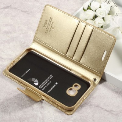 „Mercury“ Samsung Galaxy A5 2017 (A520) auksinis odinis atverčiamas dėklas - piniginė / Priedai.lt