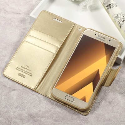 „Mercury“ Samsung Galaxy A5 2017 (A520) auksinis odinis atverčiamas dėklas - piniginė / Priedai.lt