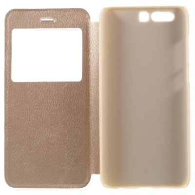 Huawei Honor 9 (Honor 9 Premium) auksinis odinis atverčiamas „View Window“ dėklas su langeliu / Priedai.lt