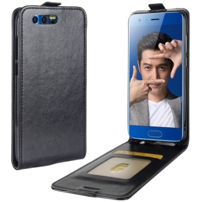Huawei Honor 9 (Honor 9 Premium) klasikinis vertikaliai atverčiamas juodas odinis dėklas / Priedai.lt