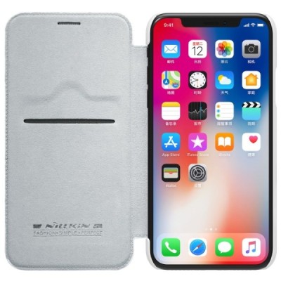 Prabangus „Nillkin“ Qin serijos baltas odinis atverčiamas Apple iPhone X (iPhone Xs) dėklas / Priedai.lt