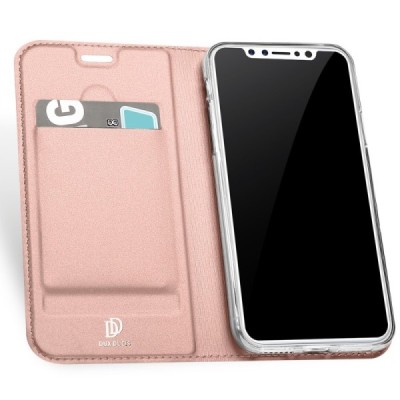 „Dux Ducis“ Skin serijos Apple iPhone X (iPhone Xs) rožinis odinis atverčiamas dėklas / Priedai.lt
