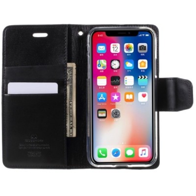 Mercury Sonata Apple iPhone X (iPhone Xs) atvērams melns ādas maciņš / Vacins.lv