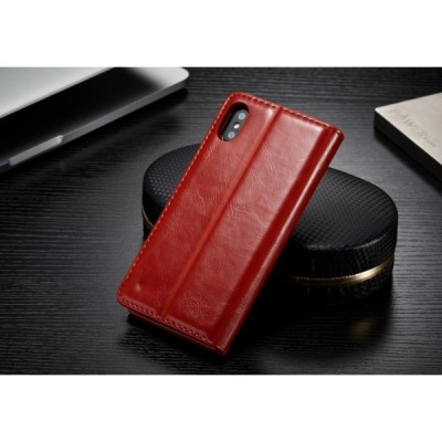 Apple iPhone X (iPhone Xs) „CaseMe“ solīds atvēramais ādas sarkans maciņš - maks / Vacins.lv