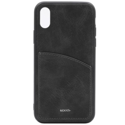„MOKKA“ Retro Apple iPhone X (iPhone Xs) juodas odinis dėklas - nugarėlė su kišenėle kortelėms / Priedai.lt