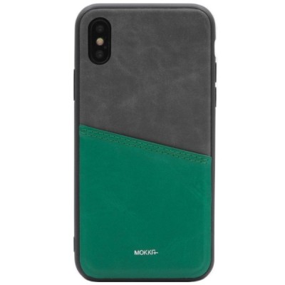 „MOKKA“ Svelte Apple iPhone X (iPhone Xs) žalias, pilkas odinis dėklas - nugarėlė su kišenėle kortelėms / Priedai.lt