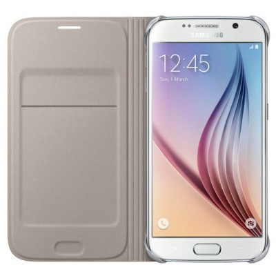 Samsung Galaxy S6 G920 originalus Flip Wallet atverčiamas auksinis odinis dėklas - piniginė / Priedai.lt