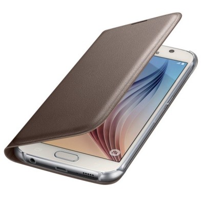 Samsung Galaxy S6 G920 originalus Flip Wallet atverčiamas auksinis odinis dėklas - piniginė / Priedai.lt