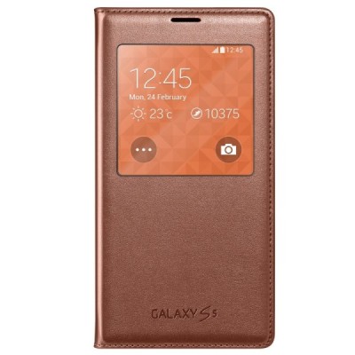 Samsung Galaxy S5 G900 (S5 Neo G903) S View Cover atverčiamas auksinis odinis dėklas / Priedai.lt