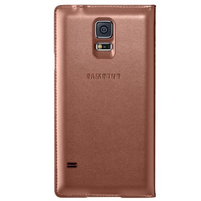 Samsung Galaxy S5 (S5 Neo) S-View Cover atvērams zelta ādas futrālis / Vacins.lv