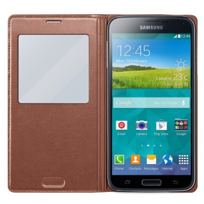 Samsung Galaxy S5 (S5 Neo) S-View Cover atvērams zelta ādas futrālis / Vacins.lv