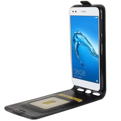 Huawei P9 Lite Mini (Y6 Pro 2017) vertikāli atvēramais ādas melns maciņš (maks) / Vacins.lv