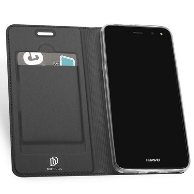 Huawei Y6 2017 / Y5 2017 (Nova Young) „Dux Ducis“ Skin sērijas melns ādas atvērams maciņš / Vacins.lv