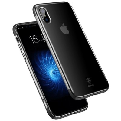 Apple iPhone X (iPhone Xs) „Baseus“ Armor Case TPU silikoninis skaidrus permatomas dėklas su juodu rėmeliu / Priedai.lt